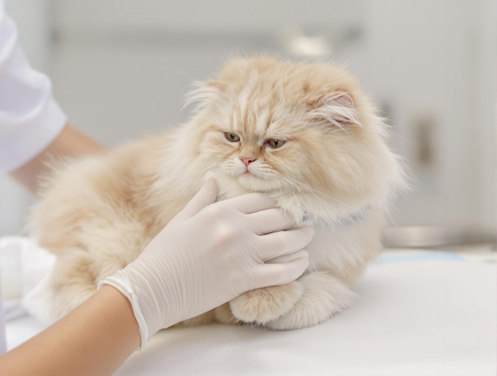 A close-up of a fluffy domestic cat on an examination table, with the gentle hands of a veterinarian wearing white gloves carefully examining the cat's paw. The scene is set in a clean, well-lit veterinary clinic with a soft, blurred background.