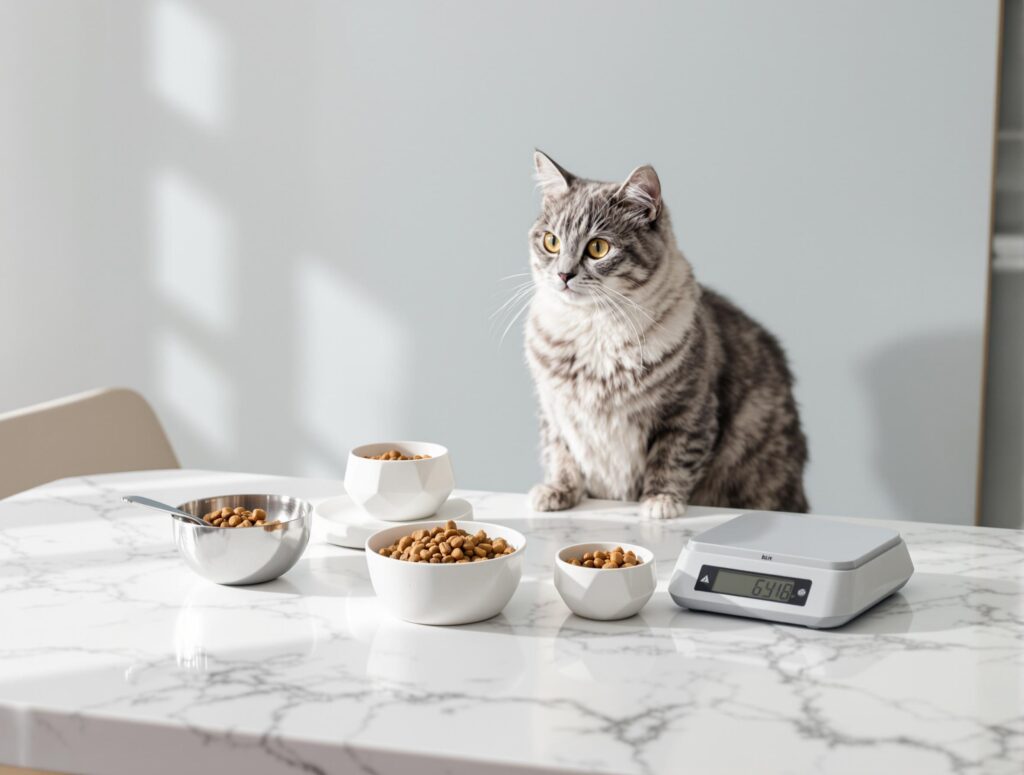 grey cat at a kitchen counter with 3 food bowls and a scale in front of it