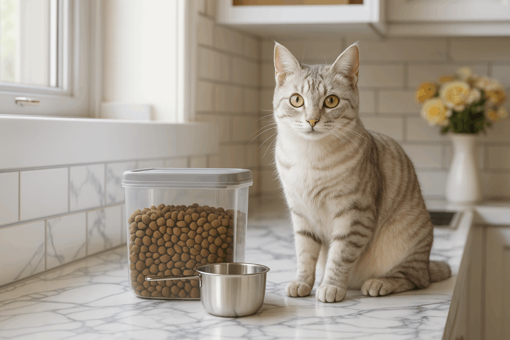 grey tabby cat on a kitchen counter next to a dry food container