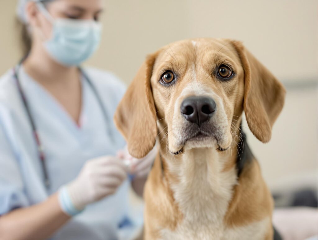 Close up of a Beagle in a vet's office