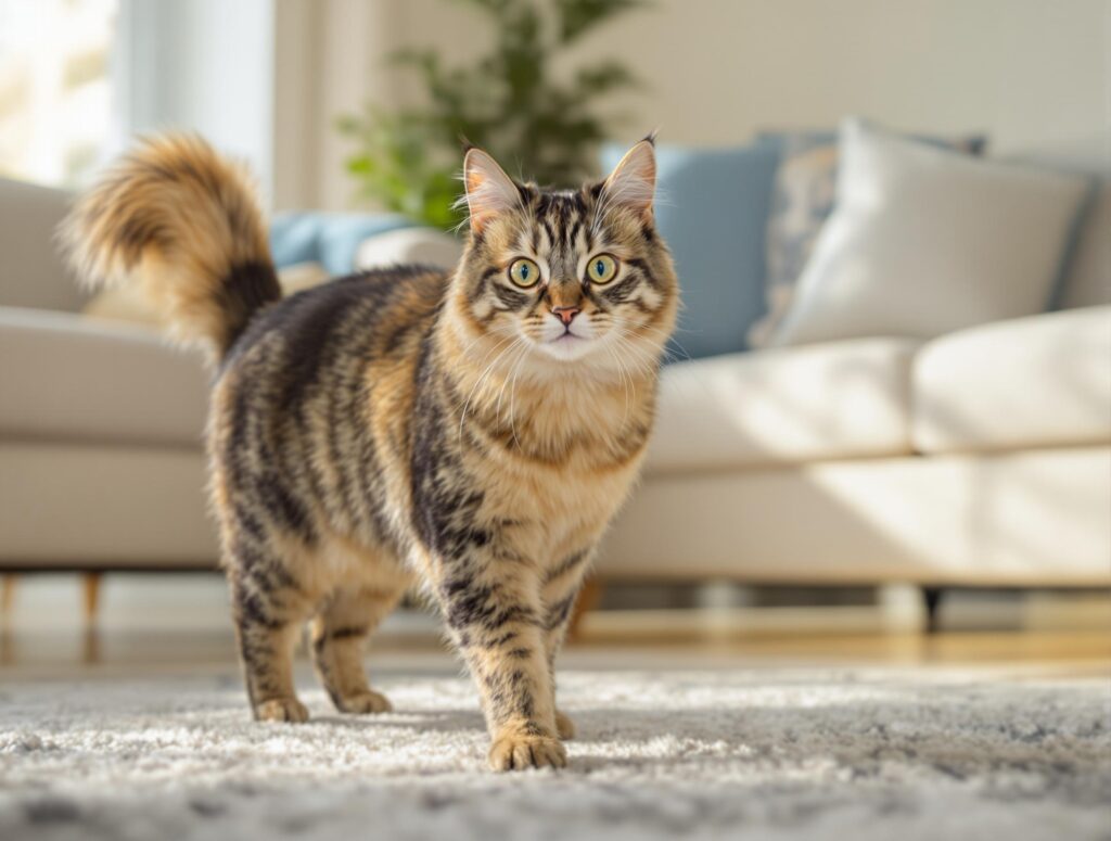 A confident cat with its tail held high, signifying happiness, in a warmly lit modern home with soft blue and beige accents.