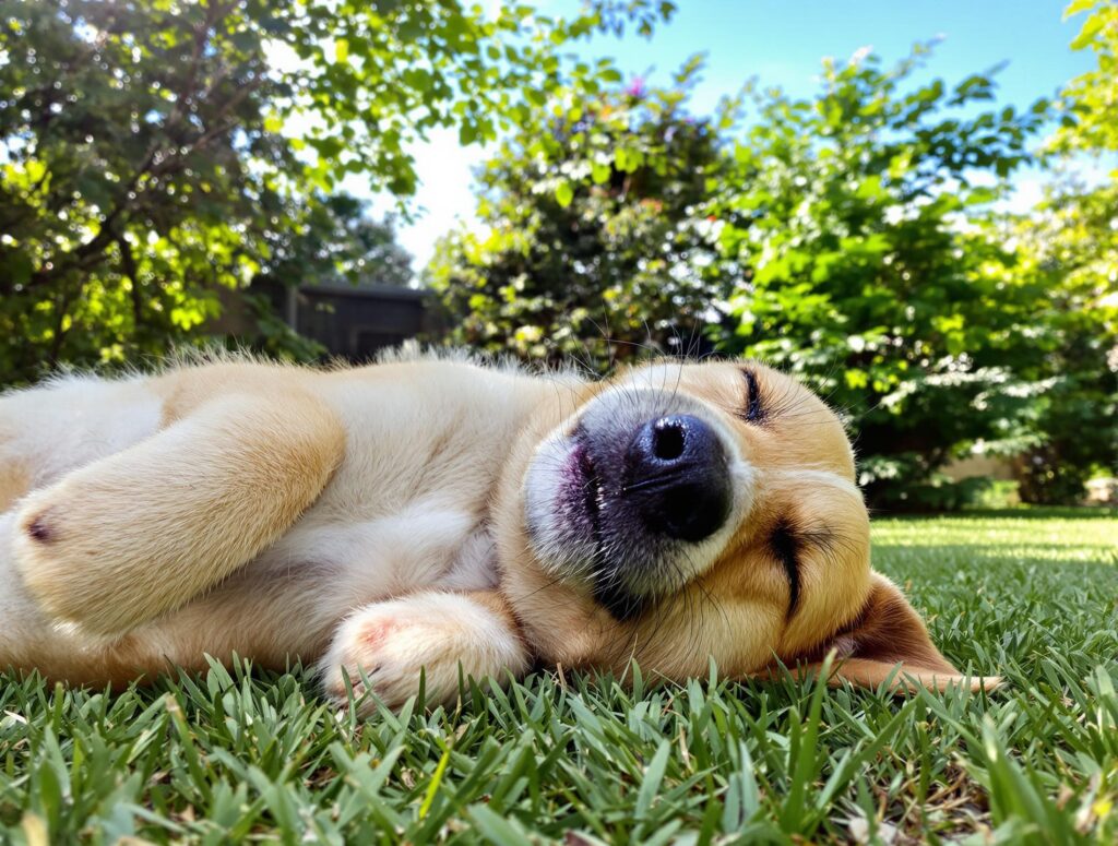 A content dog lying on its back, belly exposed, soaking up the sun in a garden surrounded by lush greenery and soft blue sky.