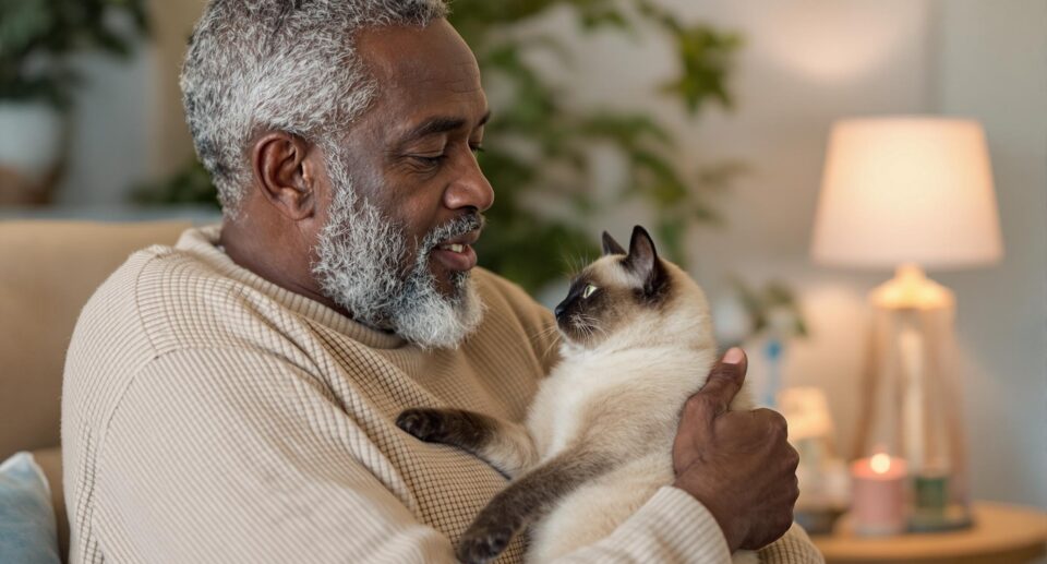 African American older man holding his Siamese cat indoors with warm lamp light