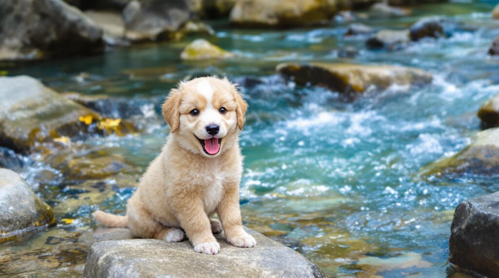 Playful puppy with teeth visible sitting beside a clear stream, surrounded by nature, emphasizing a fresh, adventurous theme
