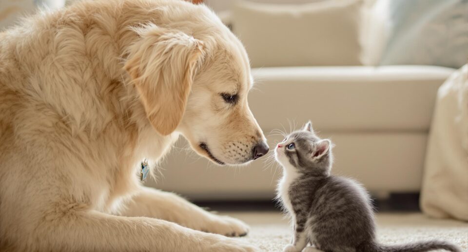 dog and kitten looking at each other curiously