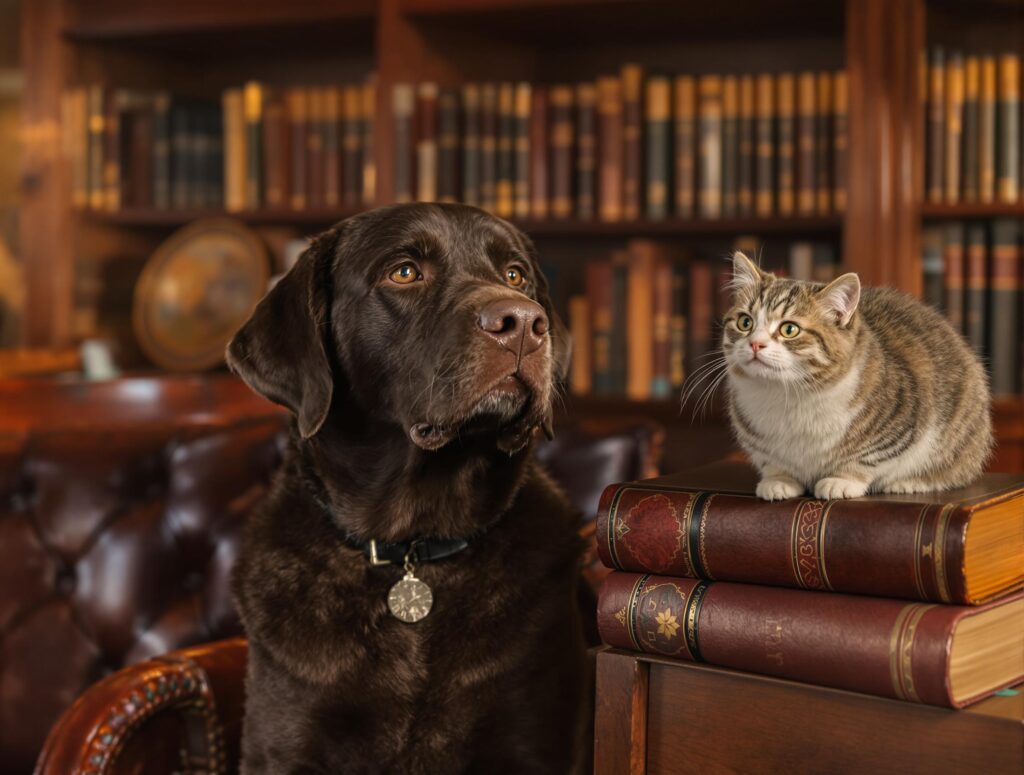 Dog and cat sitting among books