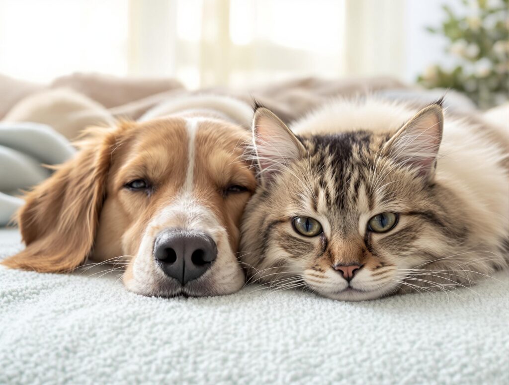 Close up of dog and cat lying next to each other
