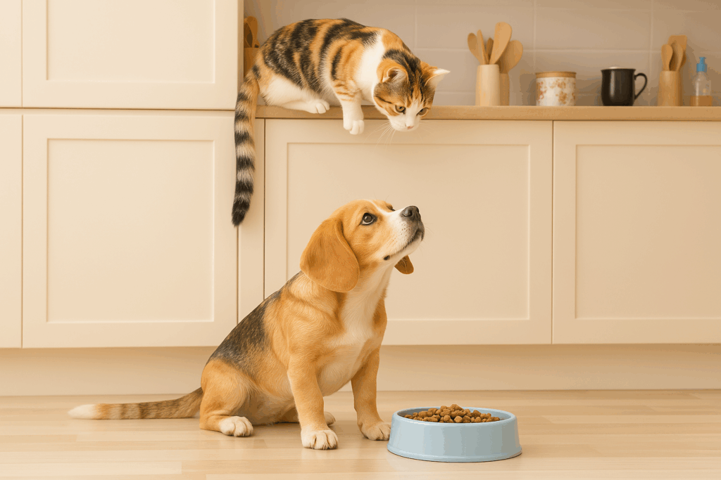 Dog in front of food bowl with a cat looking on