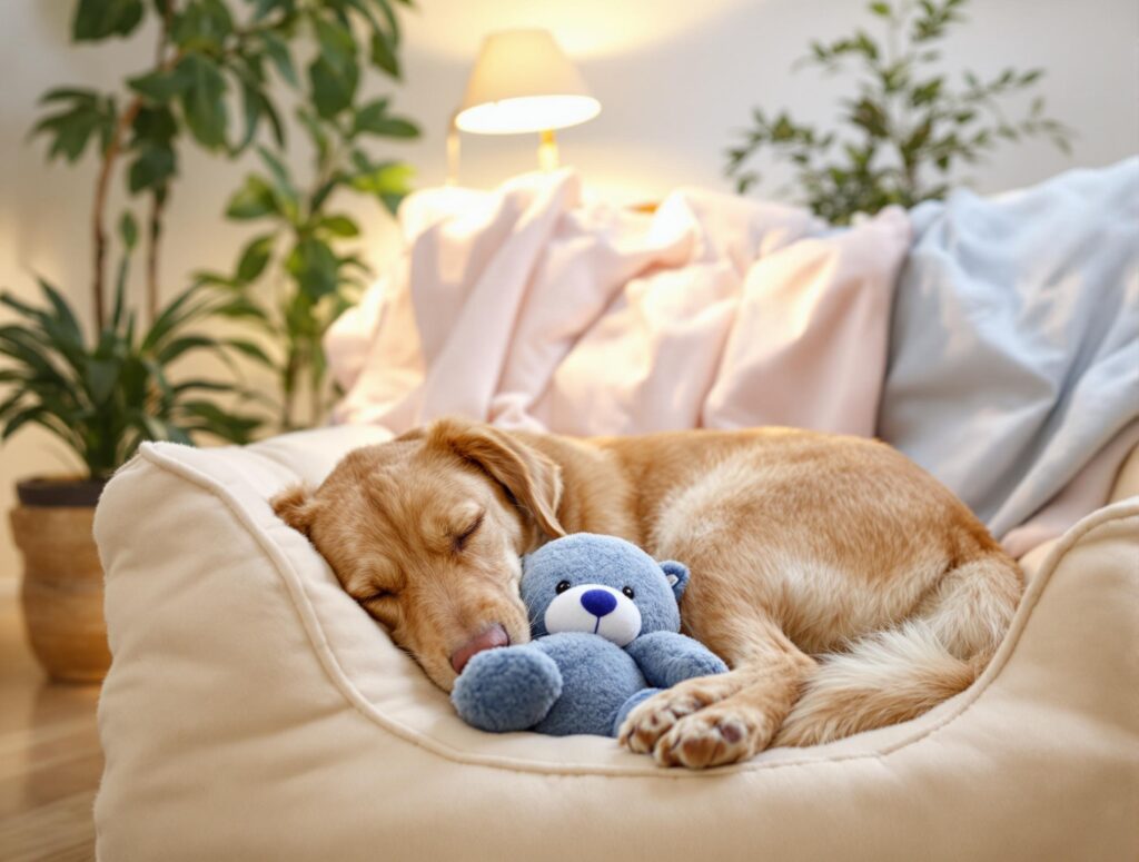 A senior retriever mix lies comfortably on a plush cream-colored pet bed, with a favorite blue plush toy beside and a warm lamp glow in a cozy living room.