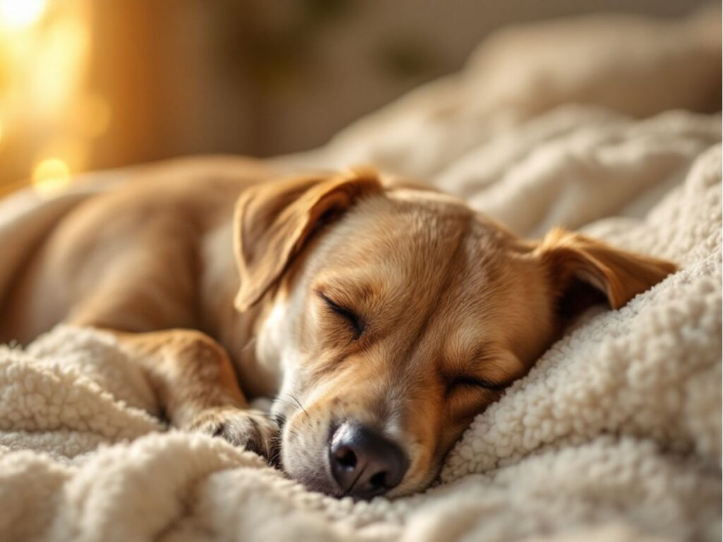 small brown dog sleeping on a blanket
