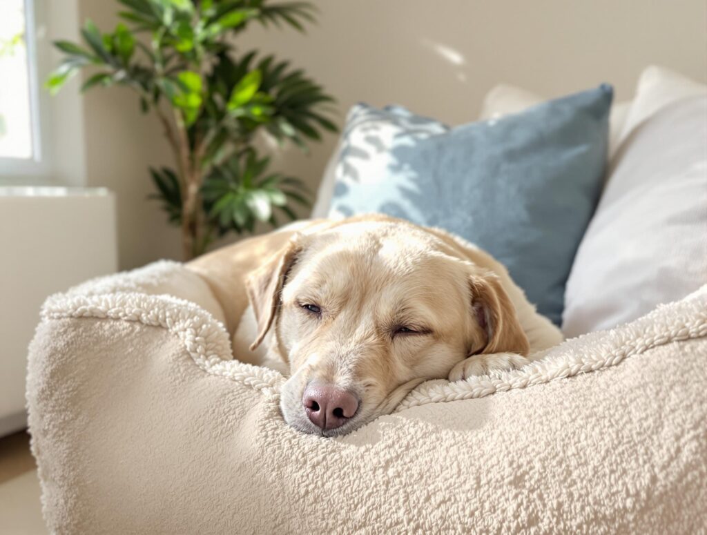 A medium-sized dog resting in a comforting home environment, displaying mild symptoms but relaxed and at ease amidst soft beige and blue decor.