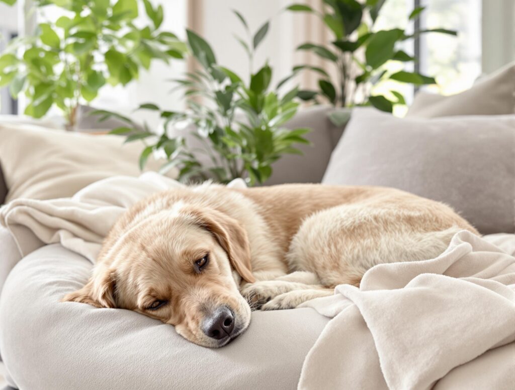 A dog resting comfortably at home, conveying a sense of safety and well-being