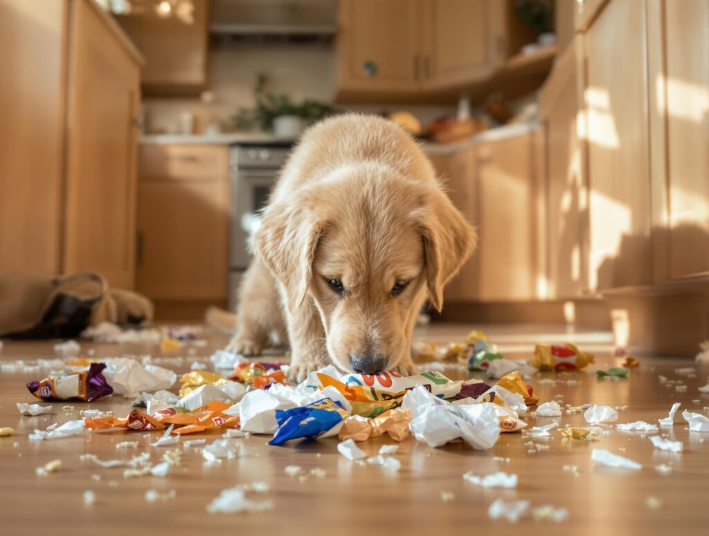 A medium-sized golden retriever puppy caught nosing through trash in a cozy, modern kitchen with warm wood cabinetry and earth-toned accents.
