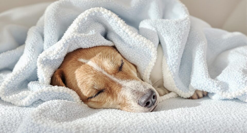 A dog sleeping in a blanket