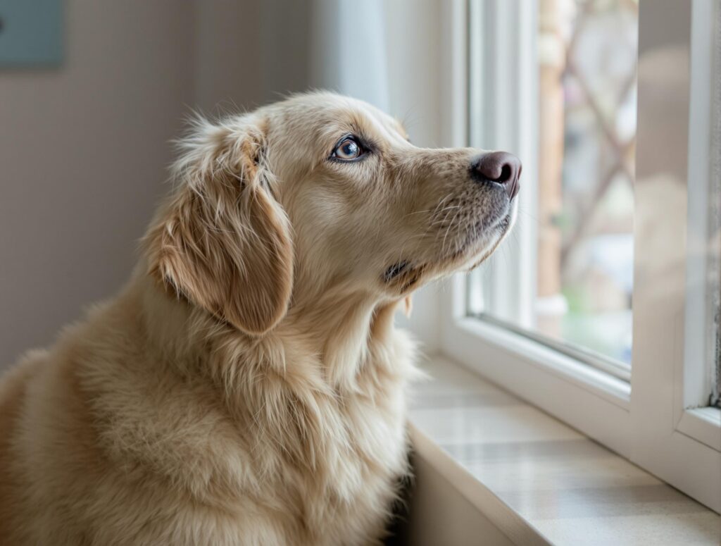 A dog looking through a window with reflections in its eyes, capturing a serene and introspective feeling.