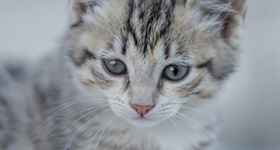 close up of a grey striped kitten
