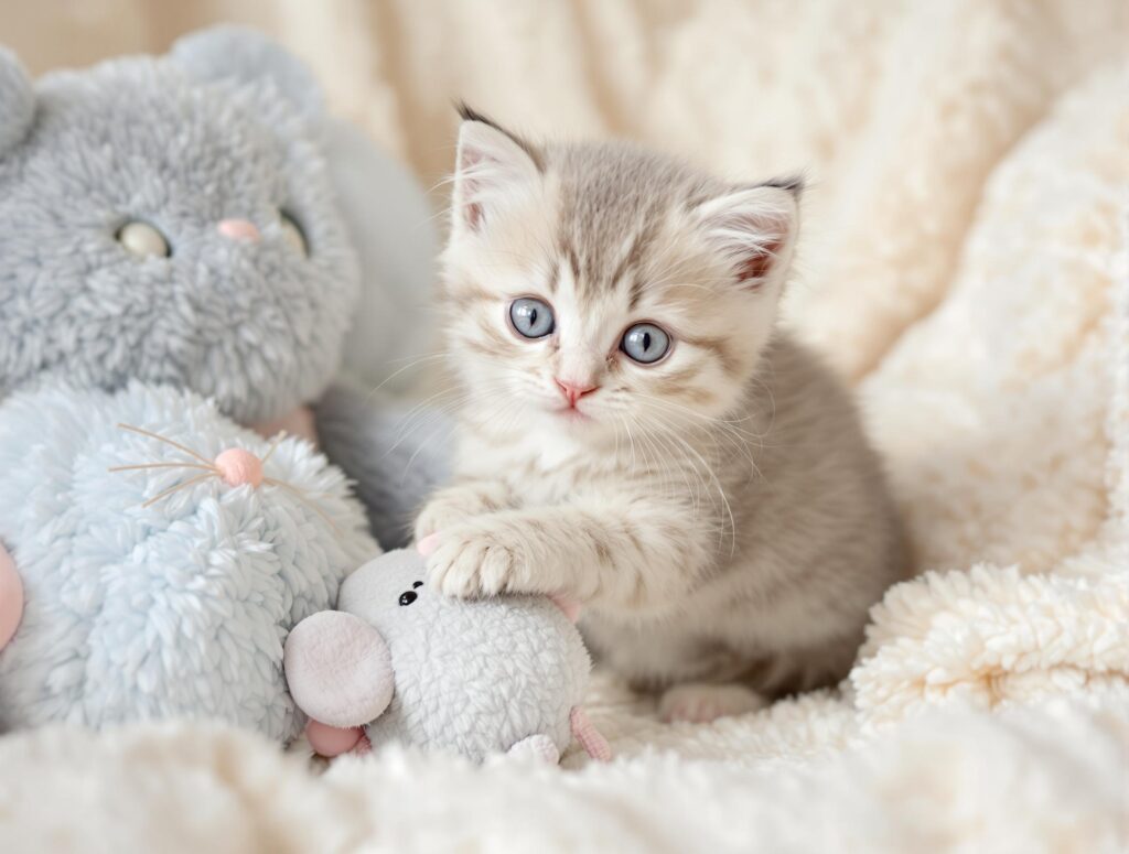 grey kitten on a blanked with stuffed animals near it