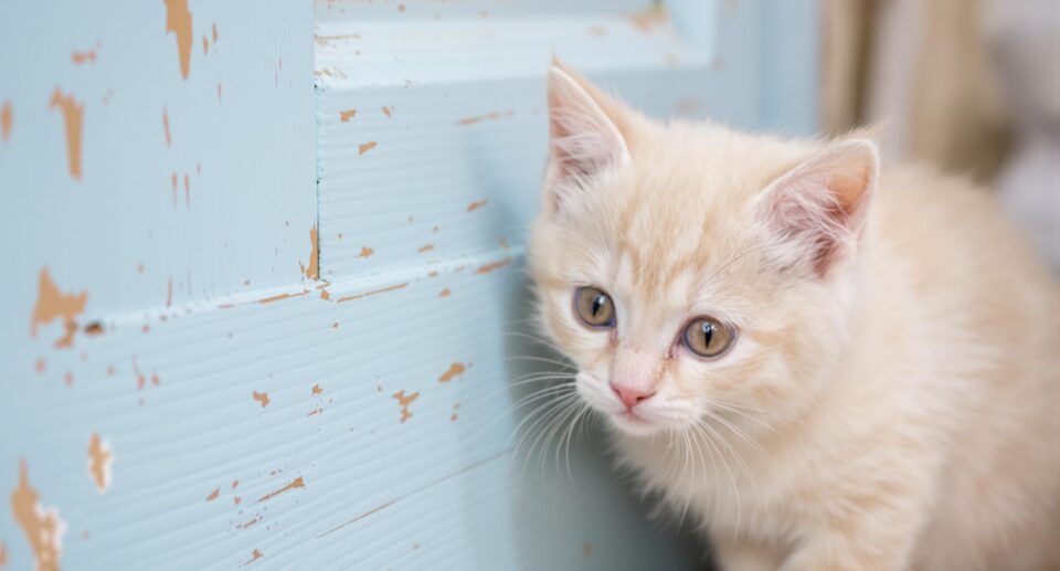 Orange cat standing beside a close blue door with scratches on the door.