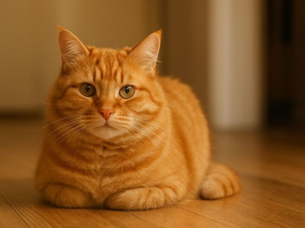 An orange tabby cat in a loaf position
