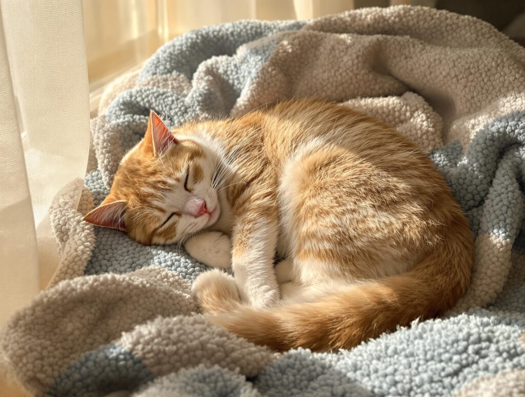peaceful cat napping in a blanket