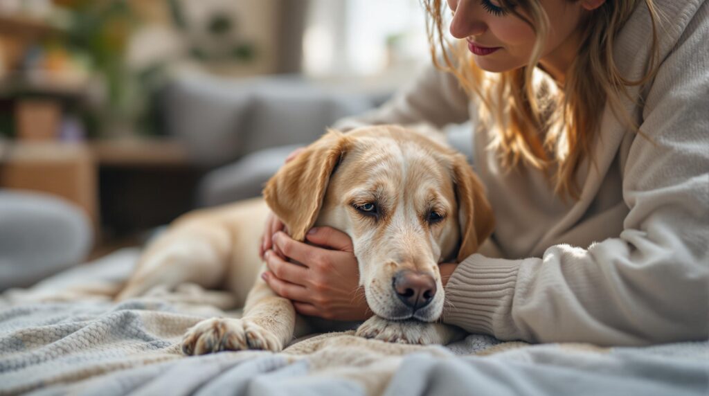 A pet owner comforting her dog