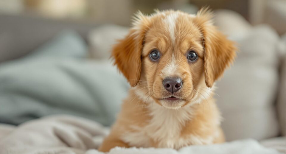 A puppy looking curious and about to hiccup