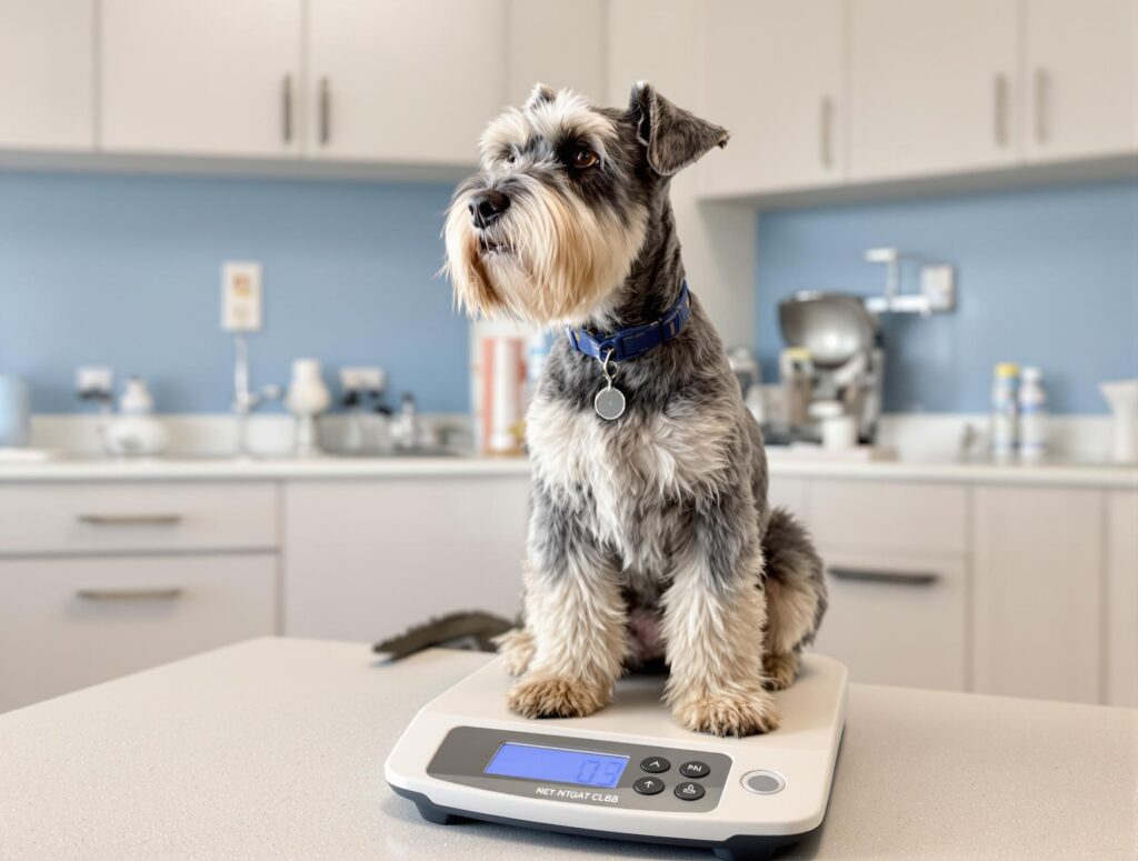 A well-groomed Schnauzer sits patiently on a digital scale in a brightly lit vet clinic, showcasing routine check-up procedures in a professional setting.