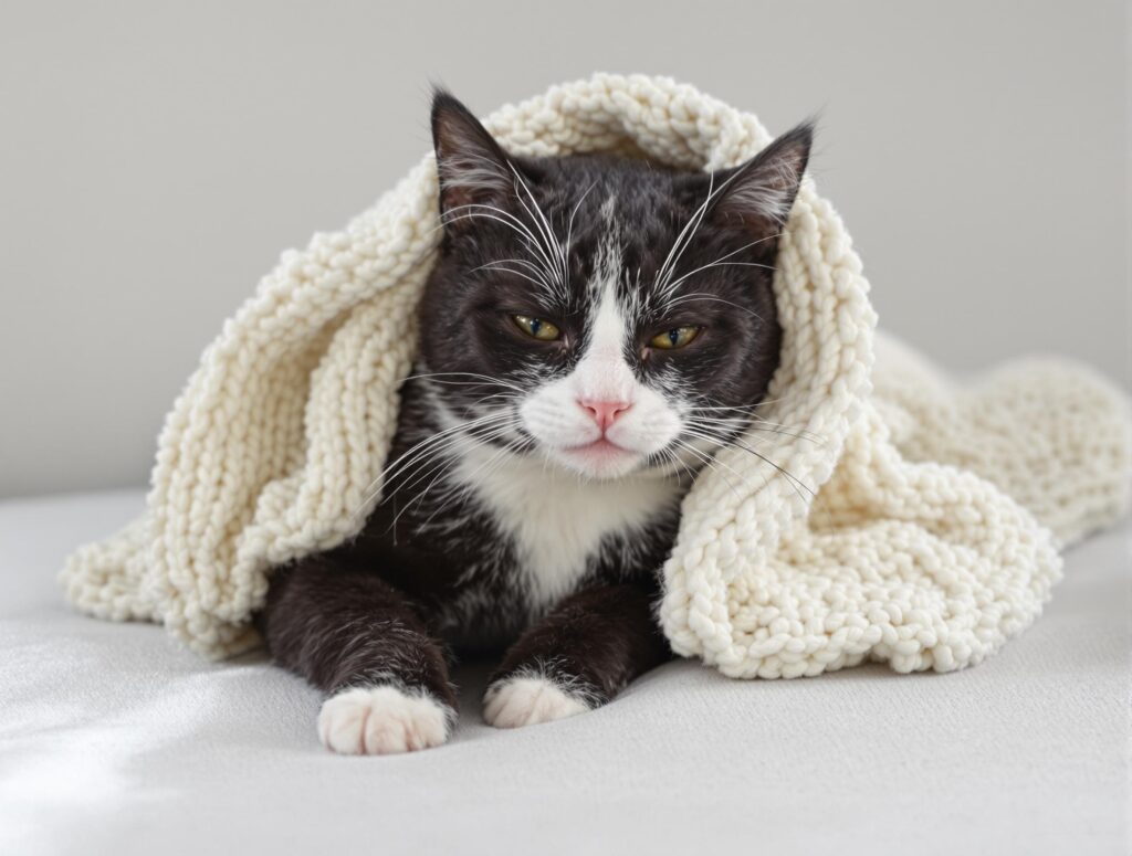 A sick black cat under a white blanket
