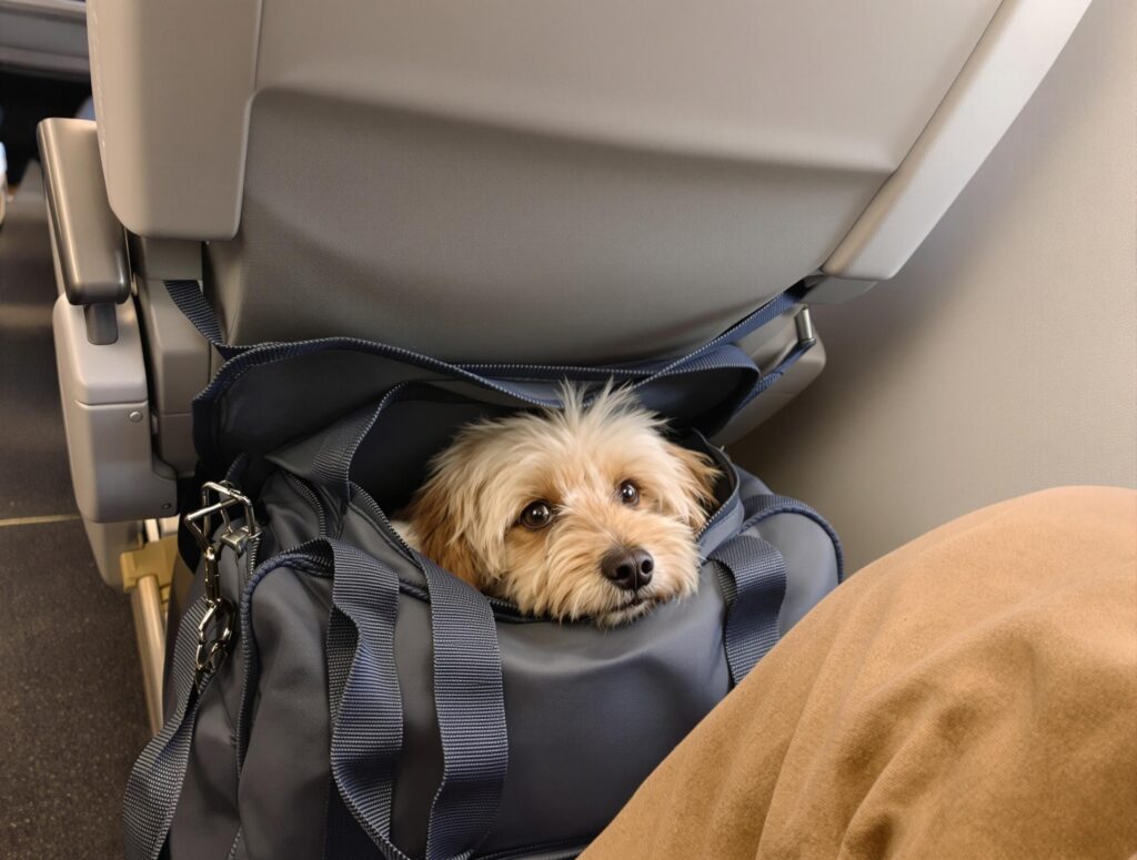 small dog in cabin travel bag