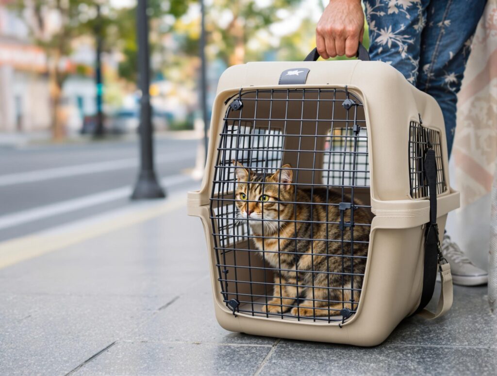 cat in a tall carrier