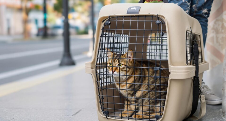 cat in a tall carrier