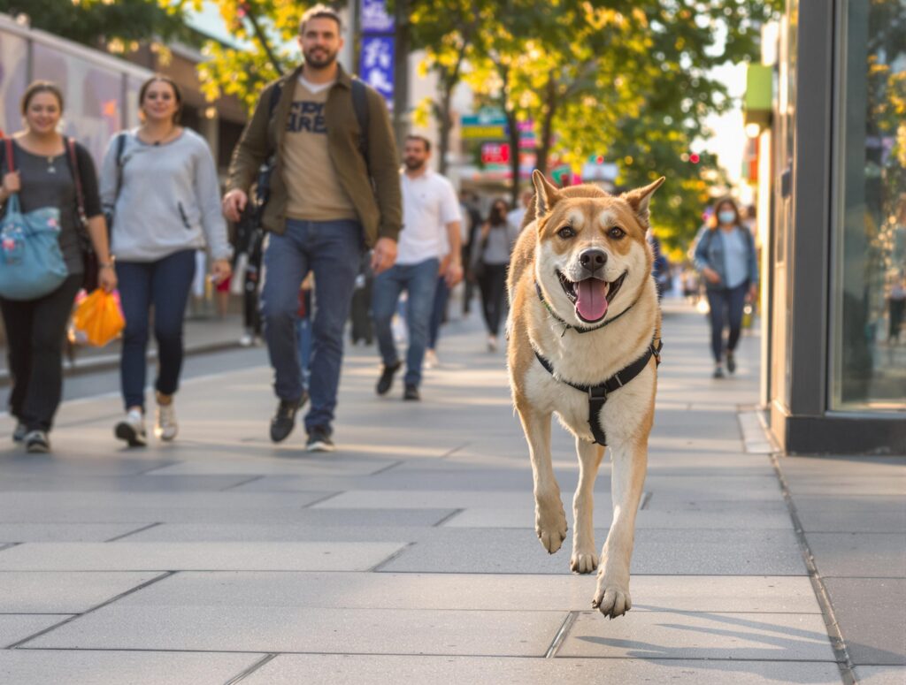 Three-legged dog confidently walking on a busy city sidewalk, blending seamlessly with urban life.