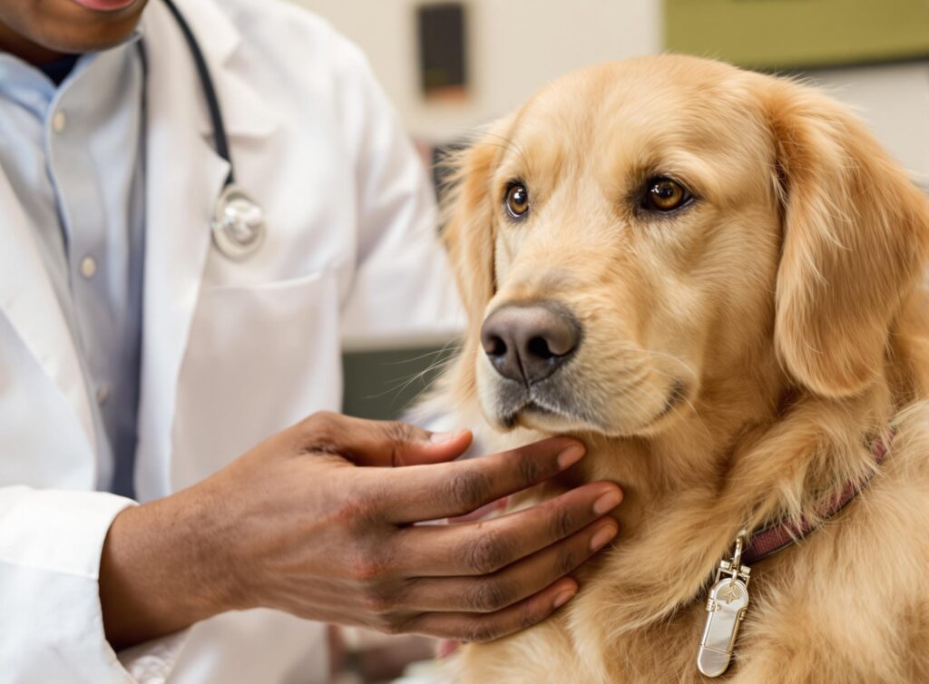 vet checking the neck of a Golden Retriever