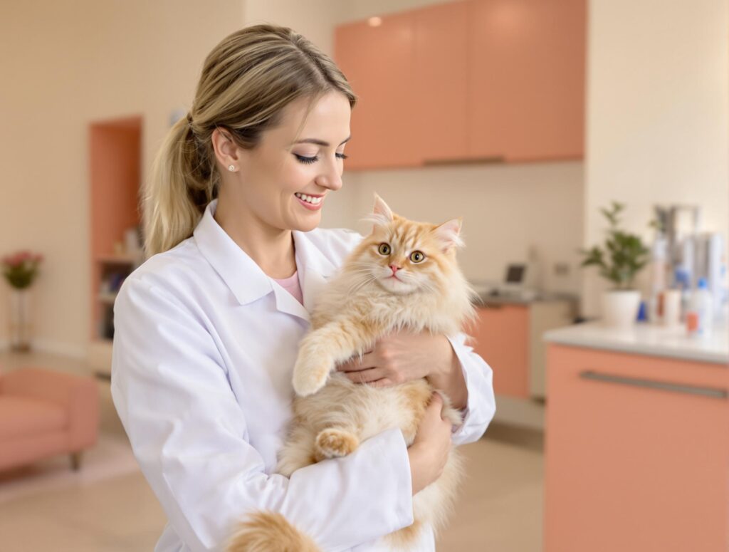A female veterinarian in her early 30s, wearing a white lab coat, lovingly cradles a calm orange tabby cat in a bright and welcoming veterinary clinic. The background features cream-colored walls, soft pink accents, and a counter with medical tools and a small potted plant.
