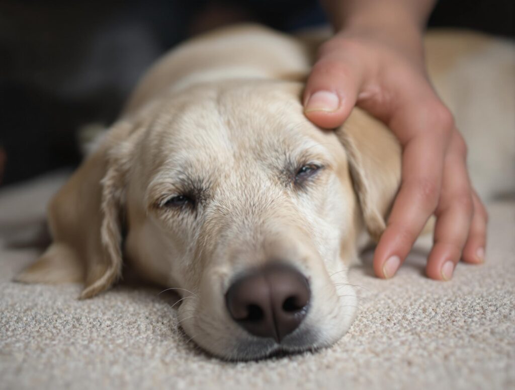 A week looking dog being petted by its owner