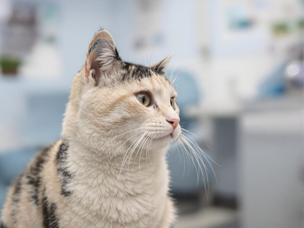 Black and white calico cat waiting in a vet clinic lobby