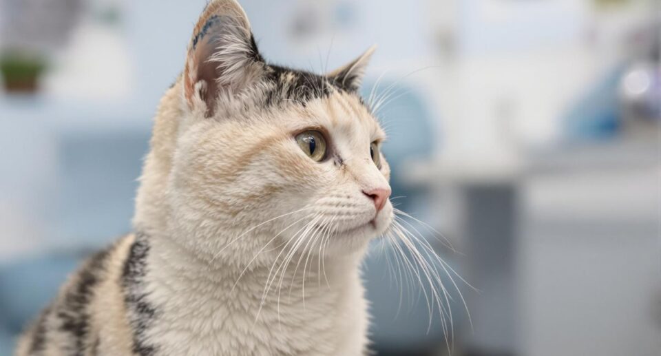 Black and white calico cat waiting in a vet clinic lobby